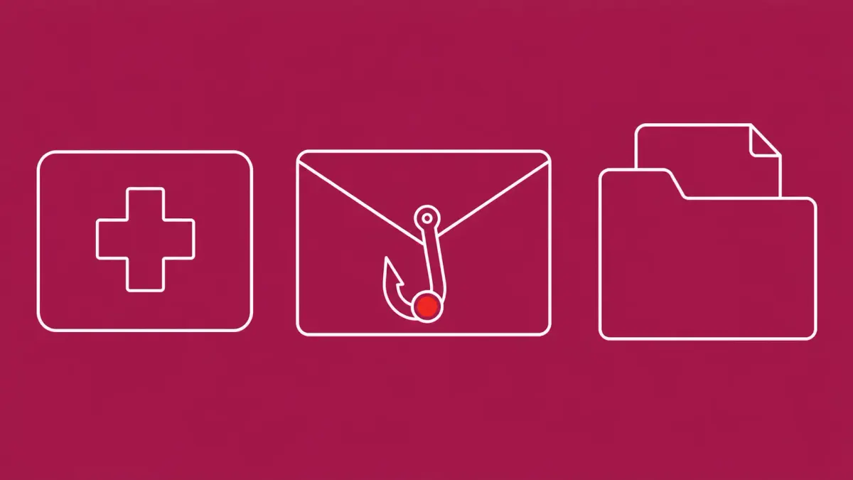 Flat white line-art of a medical cross health card, an envelope with a hook, and a record folder — Xsolis healthcare phishing breach disclosure.