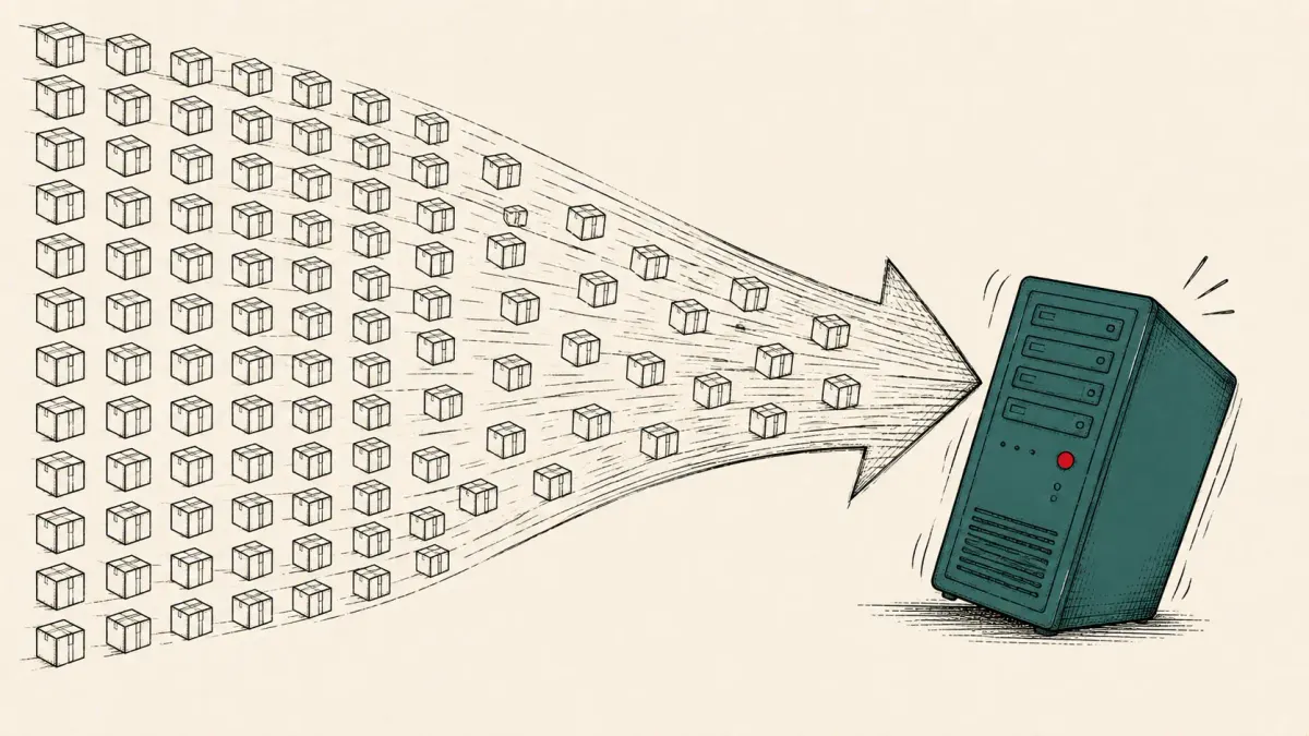 Editorial illustration of many package boxes merging into a wave bending a server, representing 148 malicious npm packages building a browser DDoS botnet.
