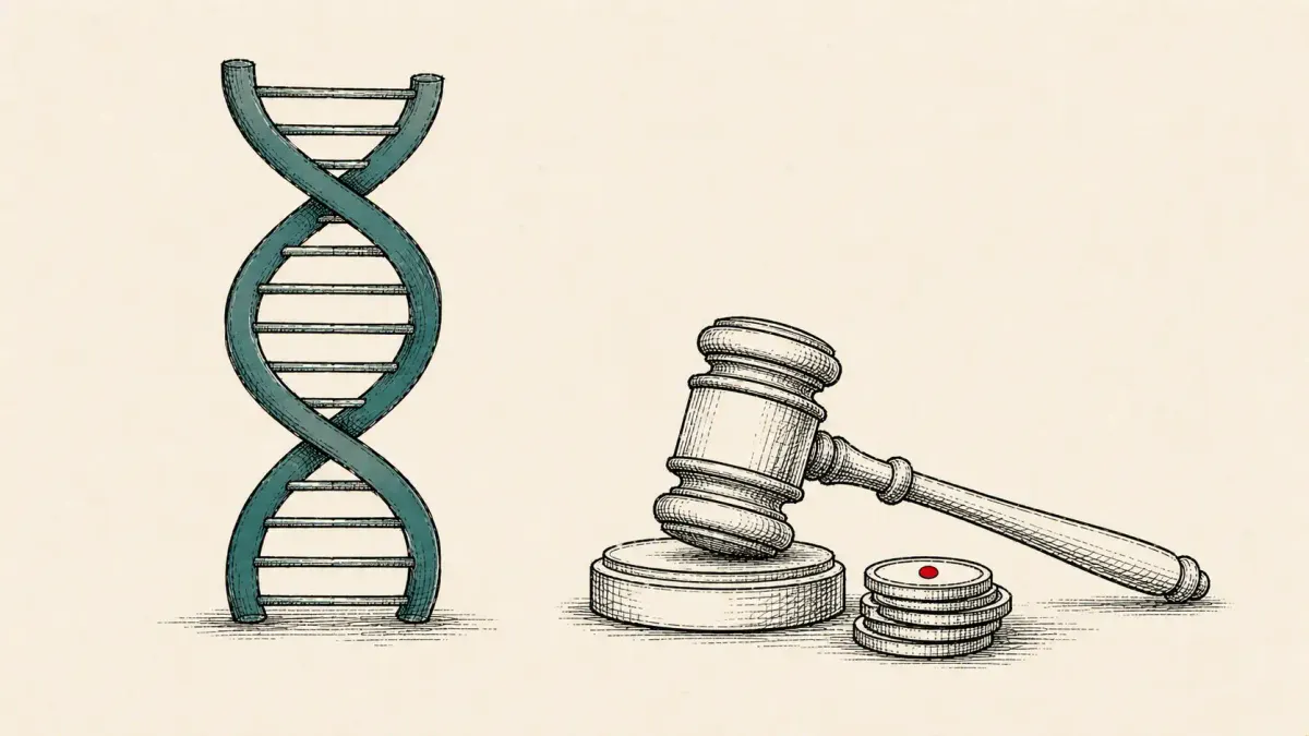 Editorial illustration of a DNA helix beside a gavel and coin stacks, marking 23andMe's $18M settlement with 42 state attorneys general.