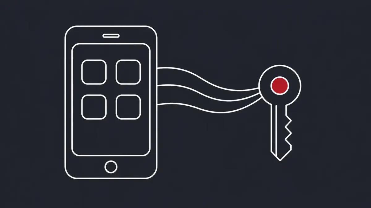 Flat white line-art of a smartphone with an app grid, a key, and flowing connection lines, on a Charcoal background — 282 iOS AI apps leaking API keys in network traffic.
