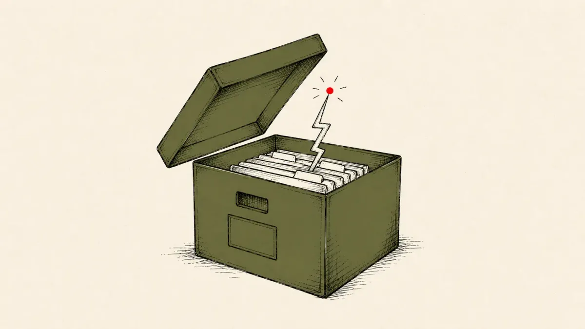 Editorial illustration of an opened archive box releasing a spark during extraction, marking the 7-Zip CVE-2026-14266 heap overflow in XZ chunked data handling.