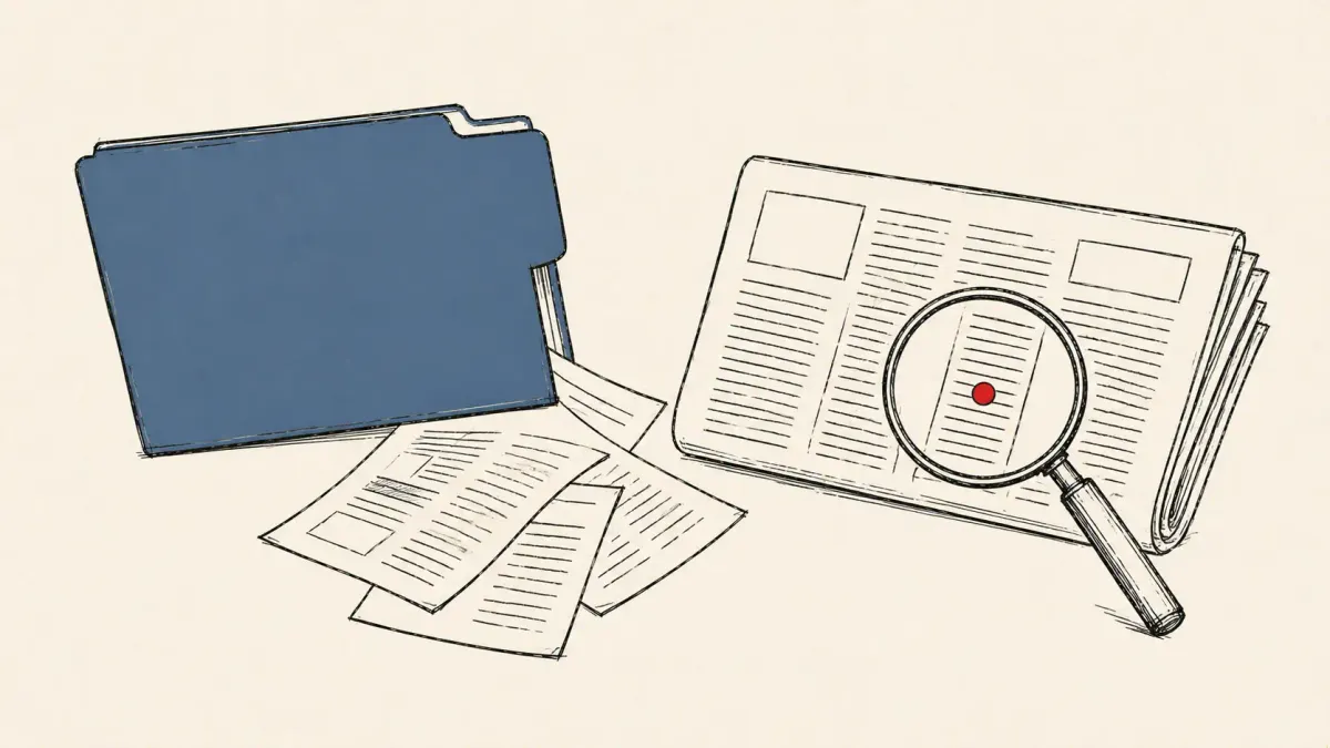 Editorial illustration of a magnifying glass over a newspaper beside a spilling records folder, marking the Accenture data breach in a weekly security recap.