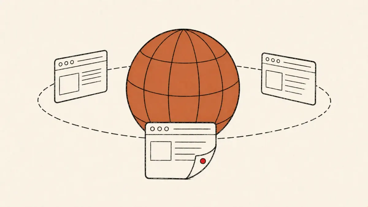 Editorial illustration of a globe orbited by browser cards with one pried corner, marking a global CMS exploitation warning from Australia's cyber agency.