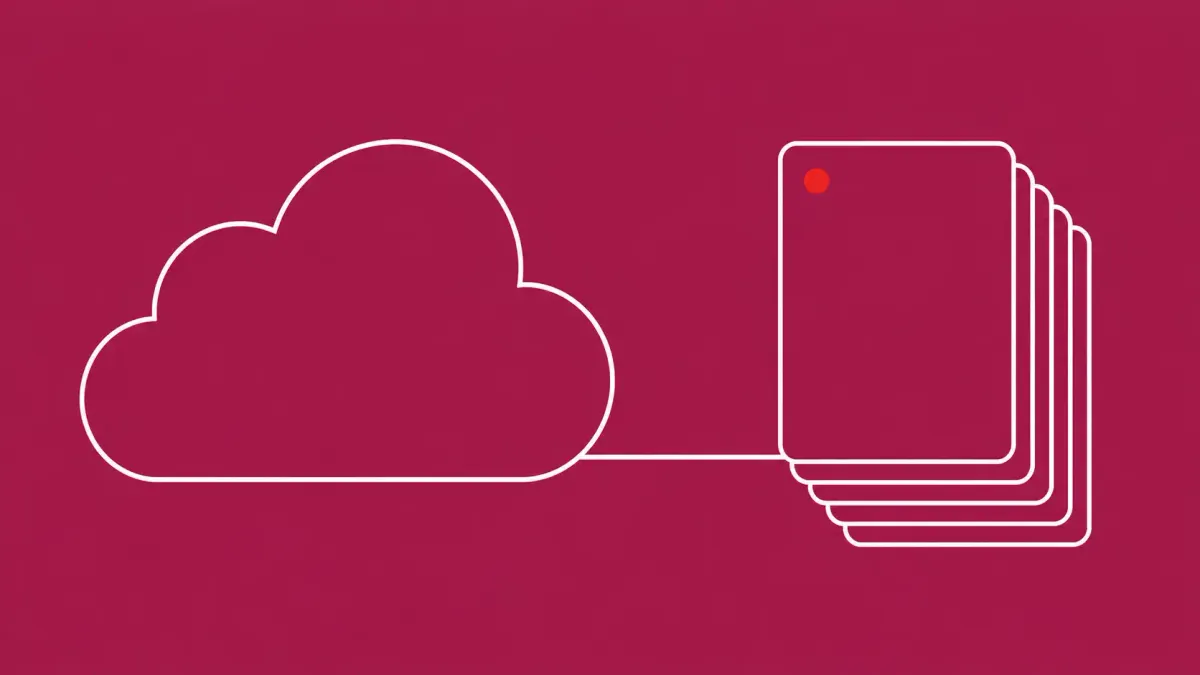 Flat white line-art of a cloud shape linked to a stack of patient record cards — AdaptHealth cloud-systems compromise affecting patient data.