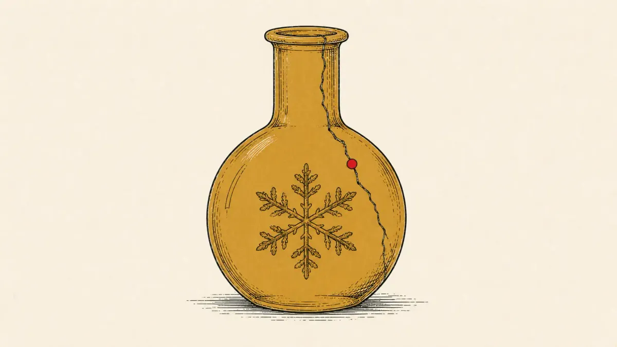 Editorial illustration of a cracked laboratory flask holding a snowflake, representing critical Adobe ColdFusion vulnerability patches.