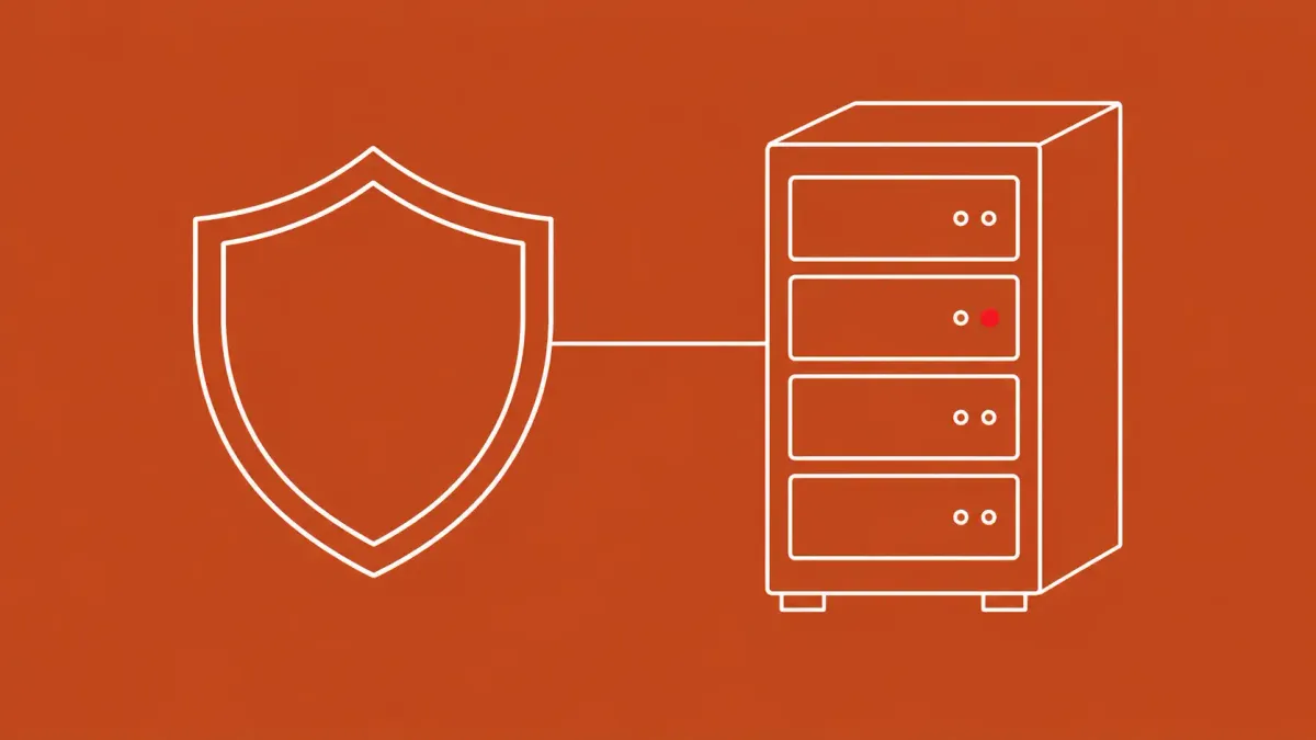 Flat white line-art of a shield beside a server rack with a single patch panel — Adobe ColdFusion maximum-severity flaw actively exploited.