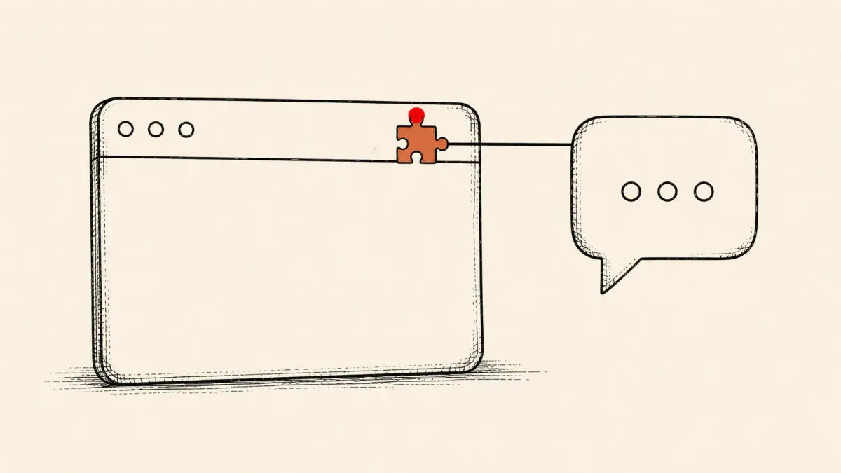 Flat white line-art of a browser extension puzzle piece linked to a chat window, on a teal background — Adobe extension WhatsApp data-theft disclosure.