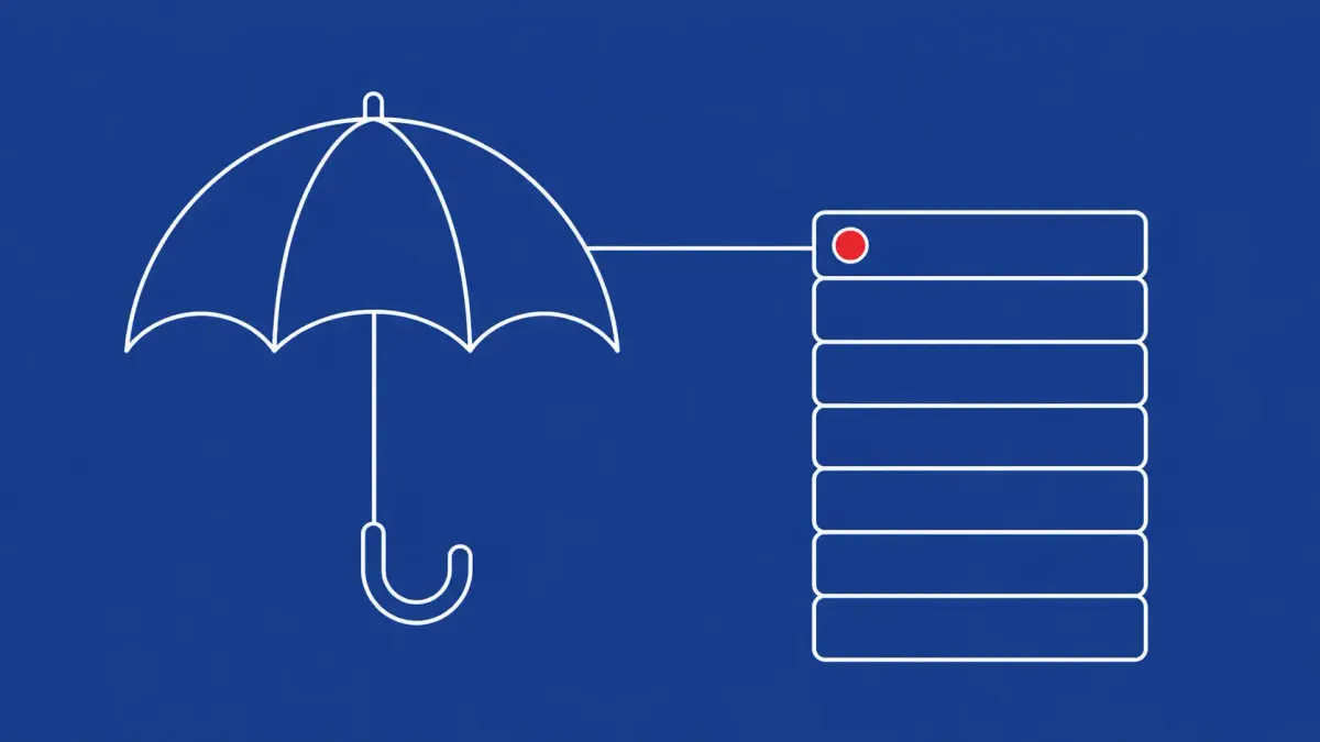 Flat white line-art of an open umbrella beside a tall stack of record cards, on a Cobalt background — Aflac Japan data breach affecting 4.38 million people.