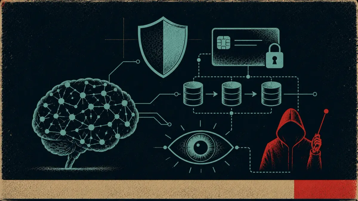 Editorial science-poster illustration of AI security symbols — a neural-network brain, a shield, a keycard, a data pipeline, a watchful eye, and a hooded silhouette.