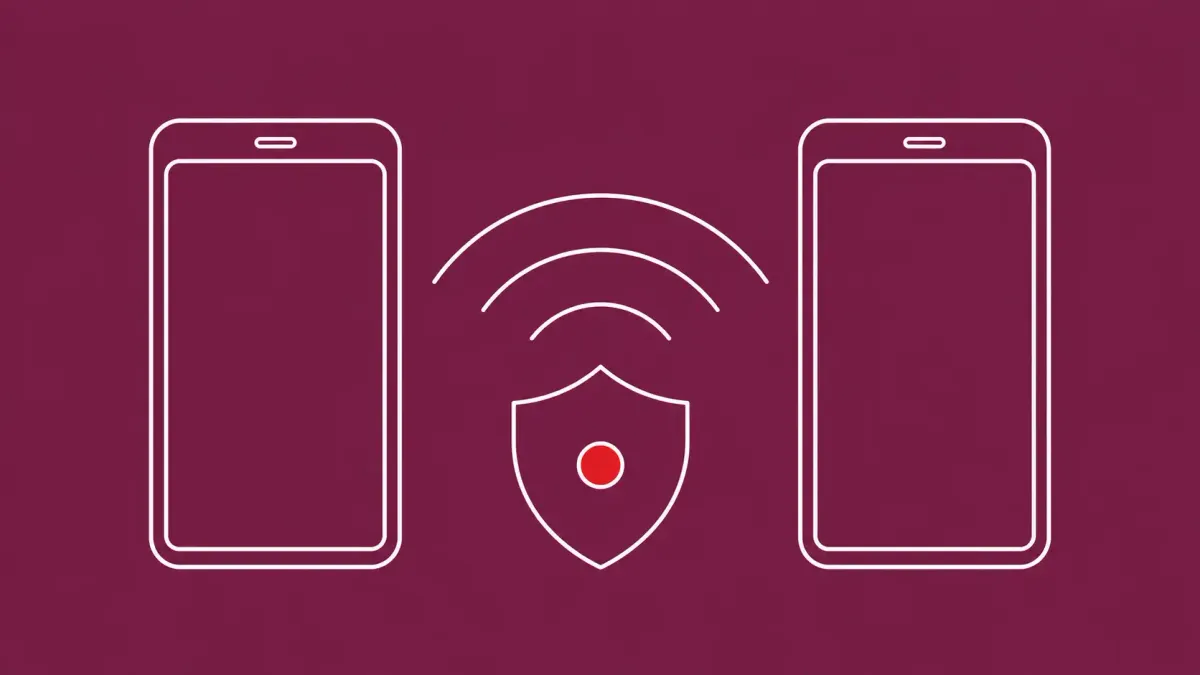 Flat white line-art of two phones with proximity-share arcs and a shield, on a Mulberry background — AirDrop and Quick Share flaws across five billion devices.