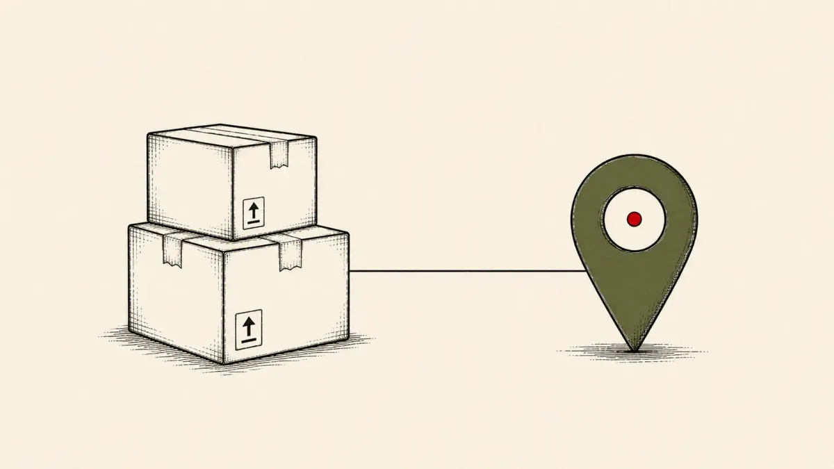 Flat white line-art of two package boxes linked by a line to a location pin, on a teal background — Amazon npm debug and chalk Sapphire Sleet attribution.
