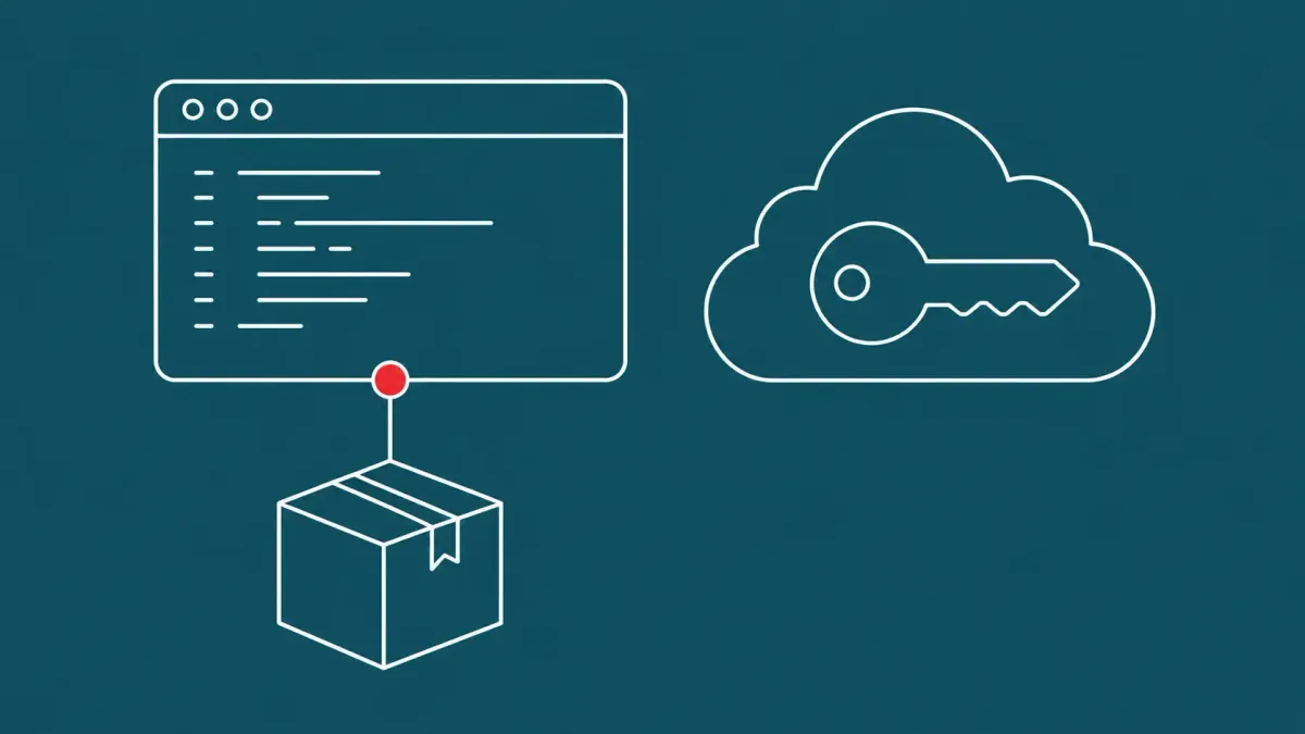 Flat white line-art of a code-editor window, a cloud holding a key, and a repository box on a Peacock background — Amazon Q Developer VS Code extension flaw.