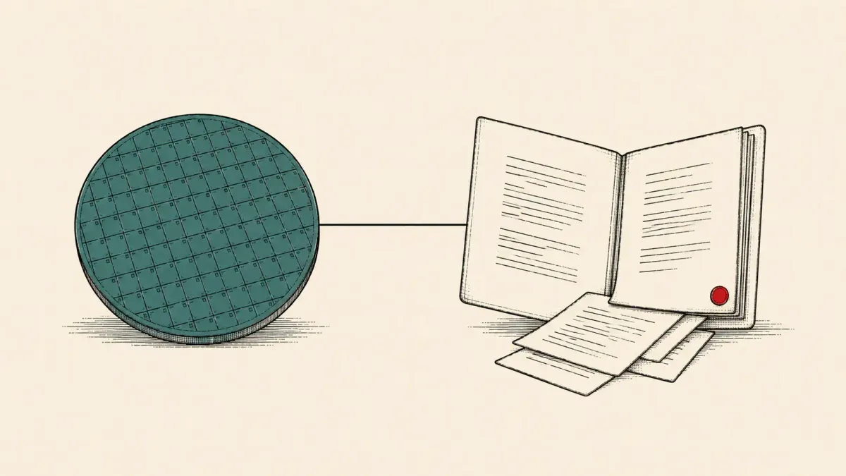 Flat white line-art of a silicon wafer beside an open document, on a teal background — Analog Devices semiconductor data-breach disclosure.