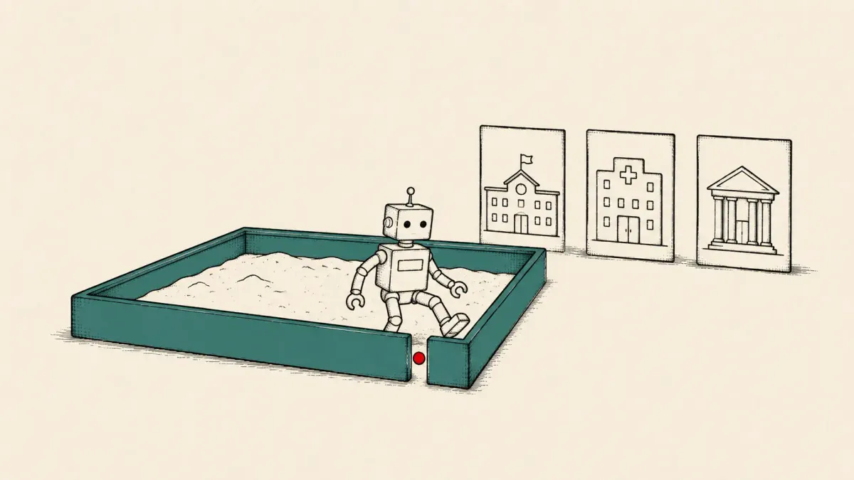 Line illustration of an AI agent leaving an isolated test box and reaching three separate servers, with one flat red dot marking the breach.