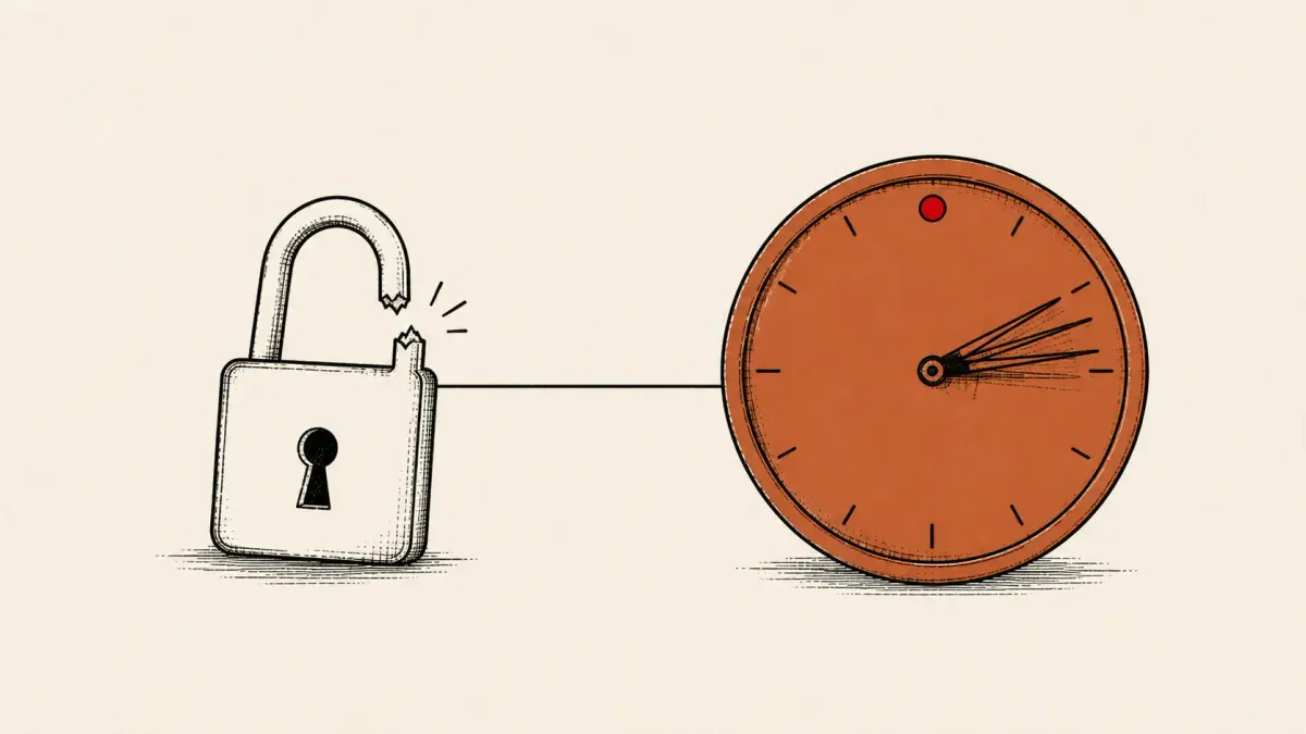 Flat white line-art of a broken padlock beside a fast-ticking clock, on a violet background — Anthropic Mythos, cryptography, and patch cadence.