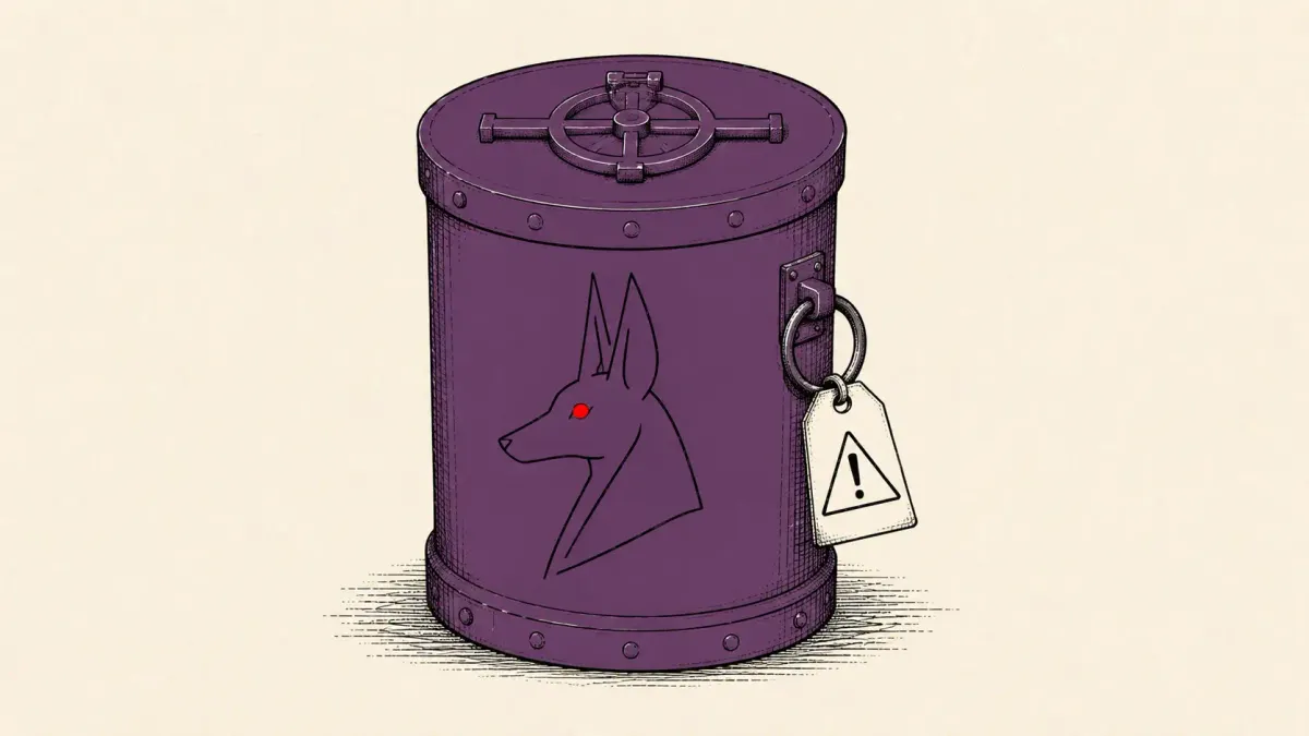 Flat white line-art of a jackal emblem, a sealed data vault, and a warning tag on a deep teal background — Anubis's 1 TB leak threat to Fairlife.