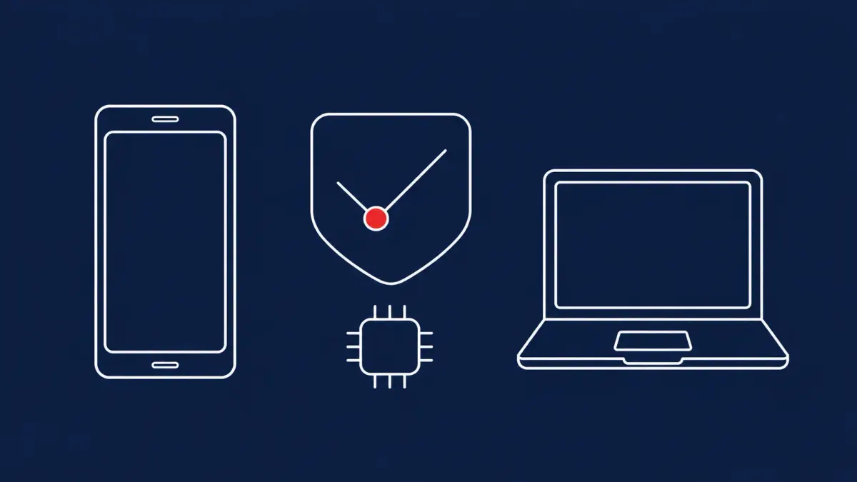 Flat white line-art of a phone, a laptop, a patch shield tile, and a small chip motif, on a Midnight Navy background — Apple 30+ iOS, macOS, Safari patches with AI-discovered WebKit bugs.