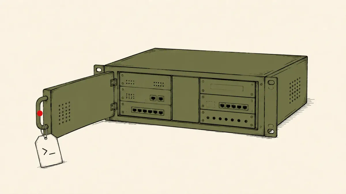 Flat white line-art of a network orchestrator console with a single open door, on a deep-teal background — the Arista VeloCloud Orchestrator command-injection zero-day.