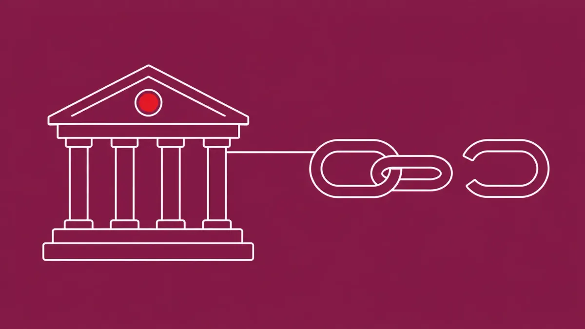 Flat white line-art of a courthouse and a broken chain link — Armenian national guilty plea in a Ryuk ransomware case.