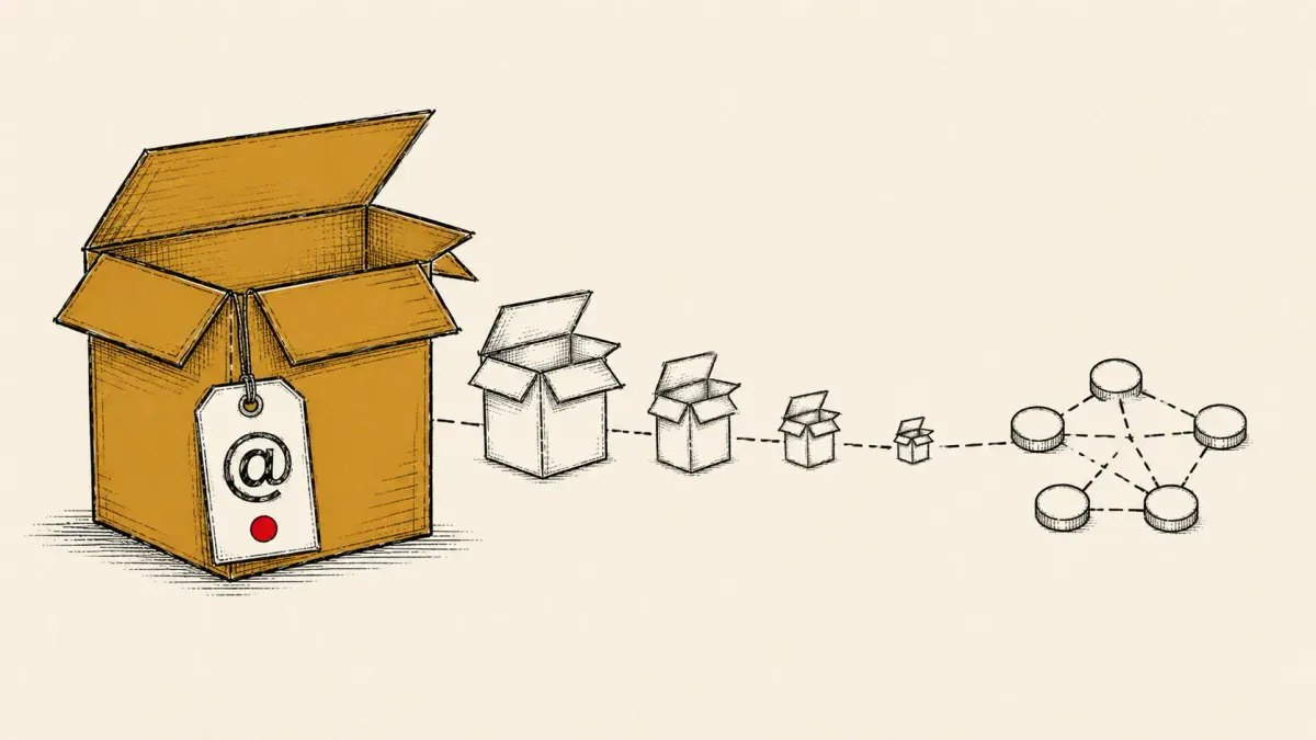 Editorial illustration of an npm package emitting nested loader boxes toward a node cluster, marking compromised @asyncapi packages delivering a botnet loader.