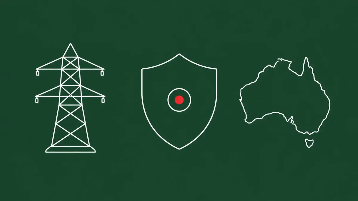 Flat white line-art of a transmission tower, a shield, and an Australian landmass outline — nation-state CNI disclosure.