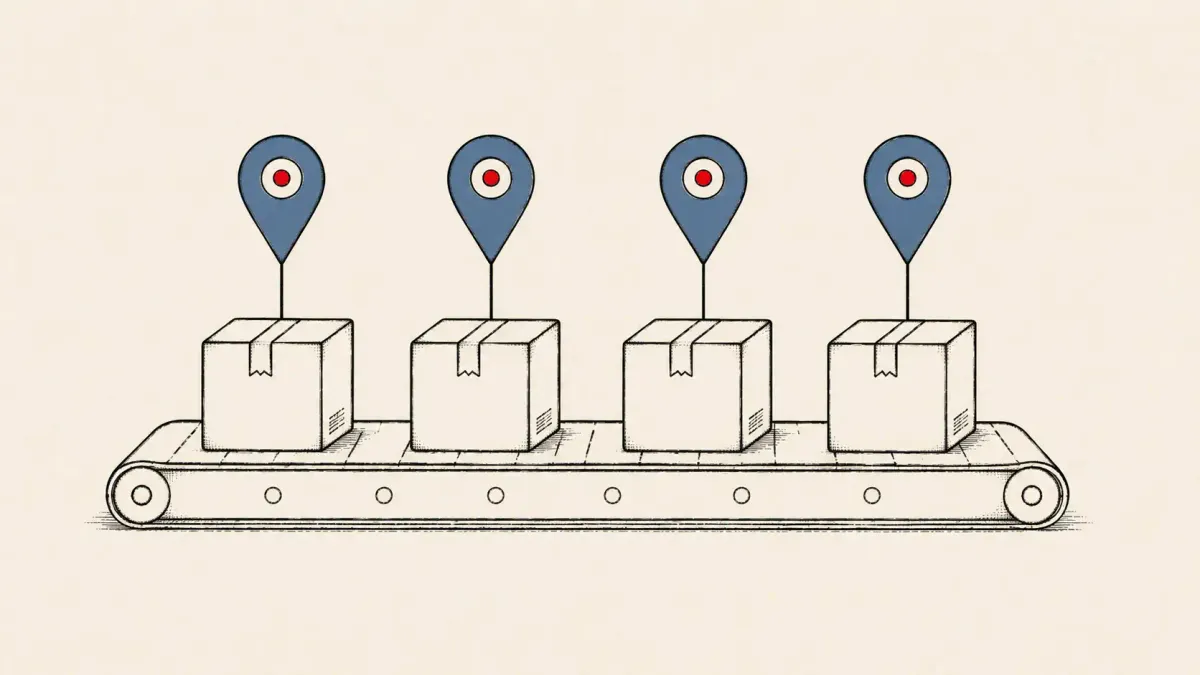Flat white line-art of a chain of four npm package boxes linked to a single location pin, on a warm background — AWS North Korea axios npm attribution.