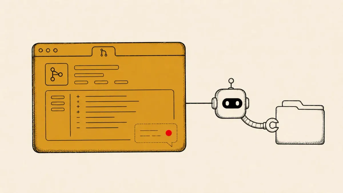 Flat white line-art of a pull-request window with a hidden comment linked to a robot review agent reaching a locked folder, on a violet background — the Azure DevOps MCP flaw.