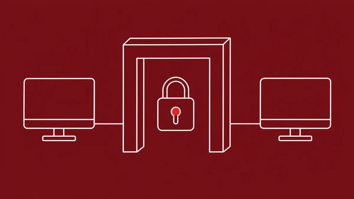 Flat white line-art of a locked gateway beside two remote-access terminals — BeyondTrust Remote Support and PRA authentication-bypass patches.