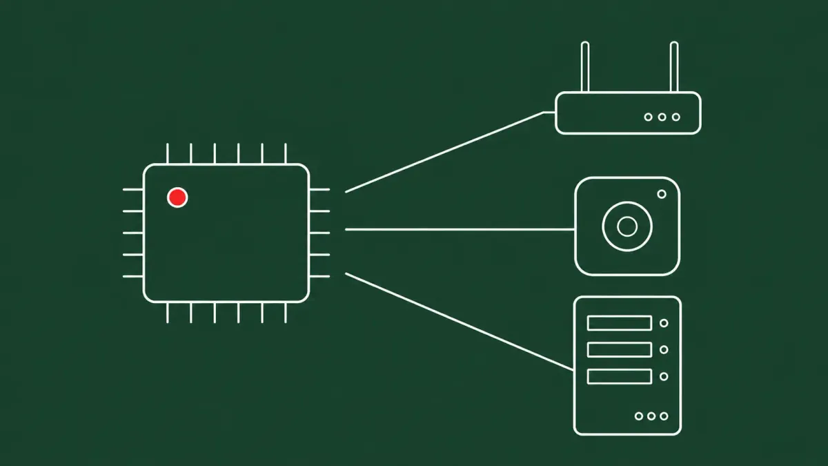 Flat white line-art of a bootloader chip linked to three small device outlines — Binarly six U-Boot vulnerabilities.