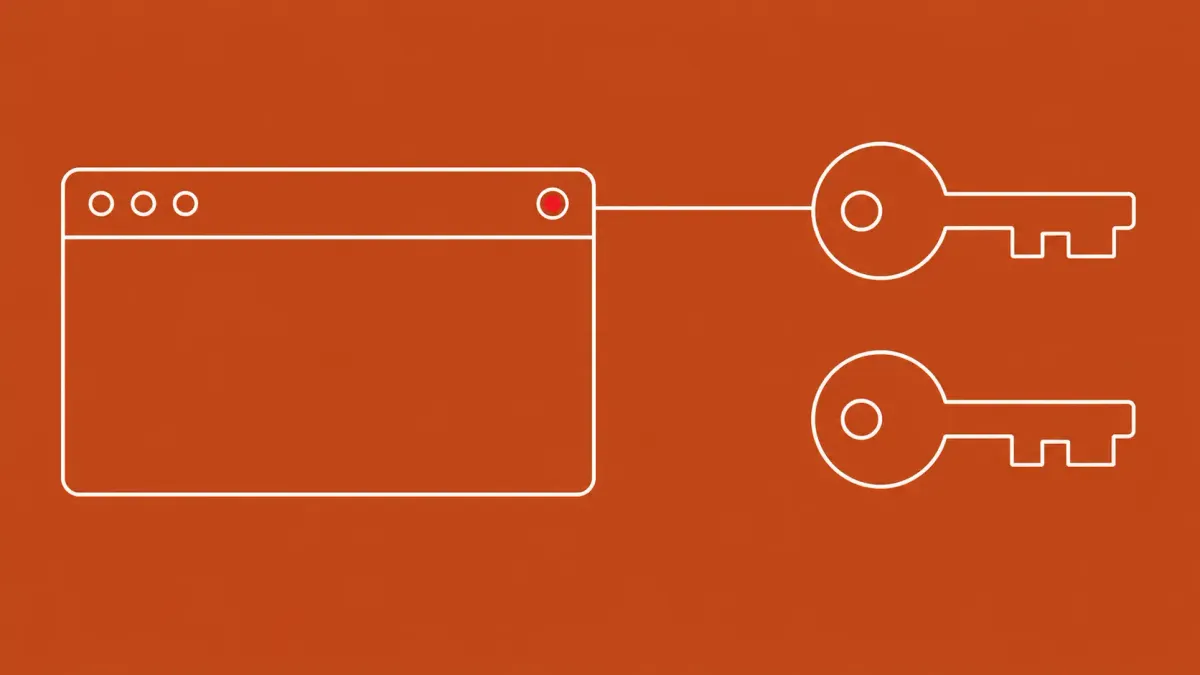 Flat white line-art of a browser window connected to a set of key shapes, marking new LayerX AI-browser credential-exposure research.