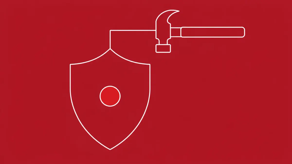 Flat white line-art of a shield with a single hammer above it — Microsoft Defender CVE-2026-33825 BlueHammer vulnerability.