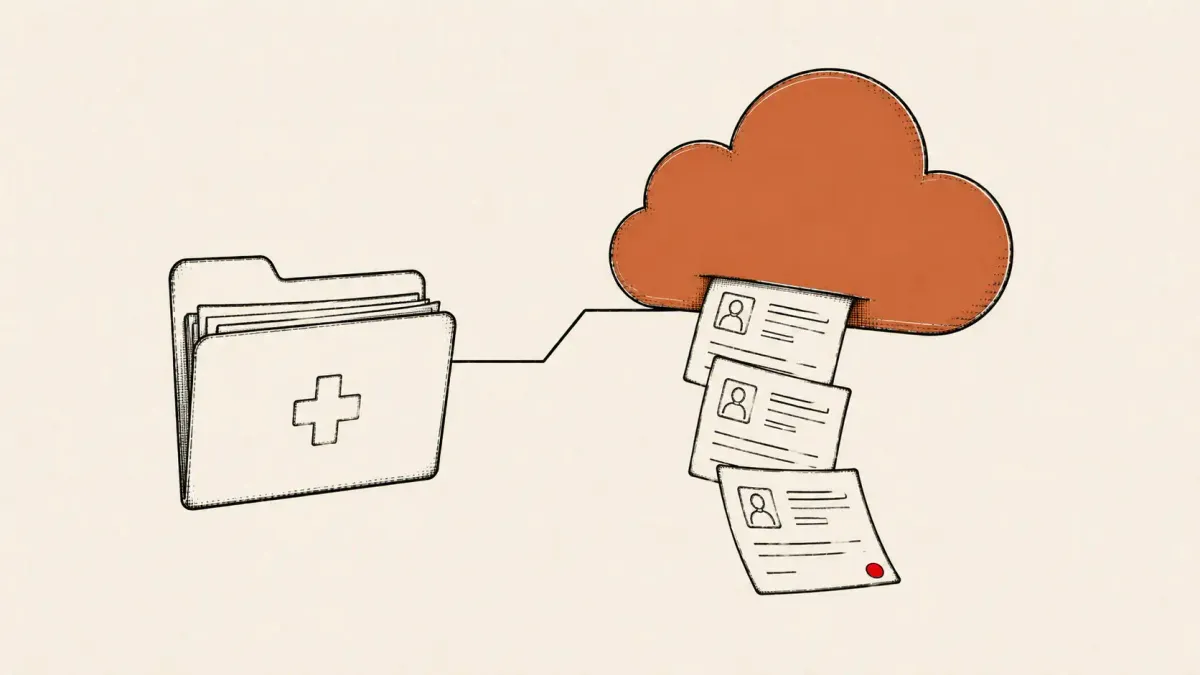 Flat white line-art of a cloud holding a medical-records folder beside a sealed mailed notice, on a deep-red background — CareCloud AWS environment breach.