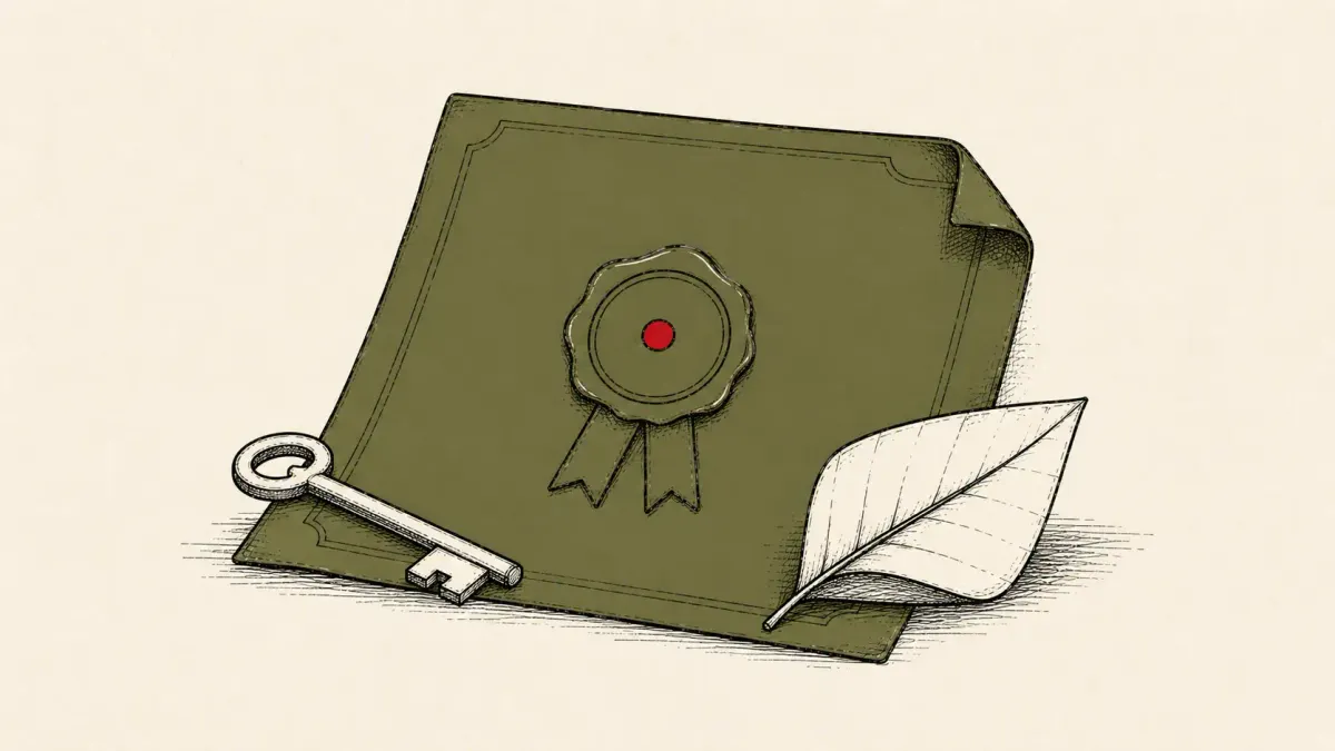 Flat white line-art of an unrolled document beside a large certificate with a round seal, on a teal background — the Certighost AD CS PoC release.