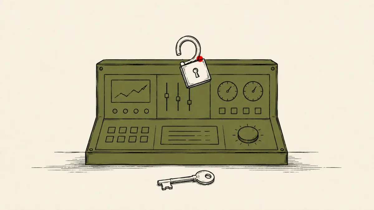 Flat white line-art of a management console with an open lock swinging free, on a deep-blue background — the Check Point SmartConsole authentication bypass CVE-2026-16232.