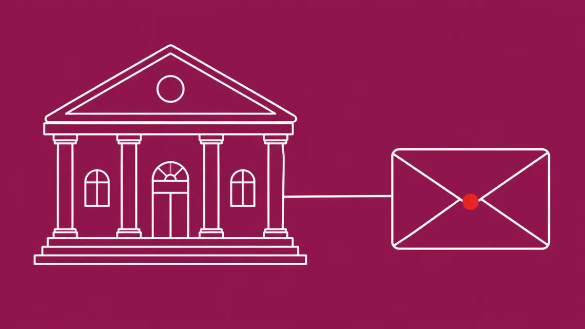 Flat white line-art of a webmail envelope beside a university building — suspected China-linked Roundcube espionage against universities.