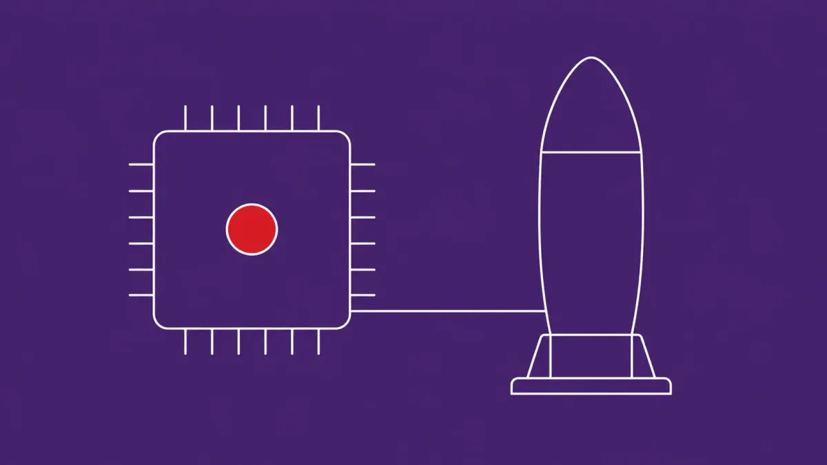 Flat white line-art of an AI processor chip linked to a warhead silhouette — CIA frames advanced AI as digital nuclear weapons.