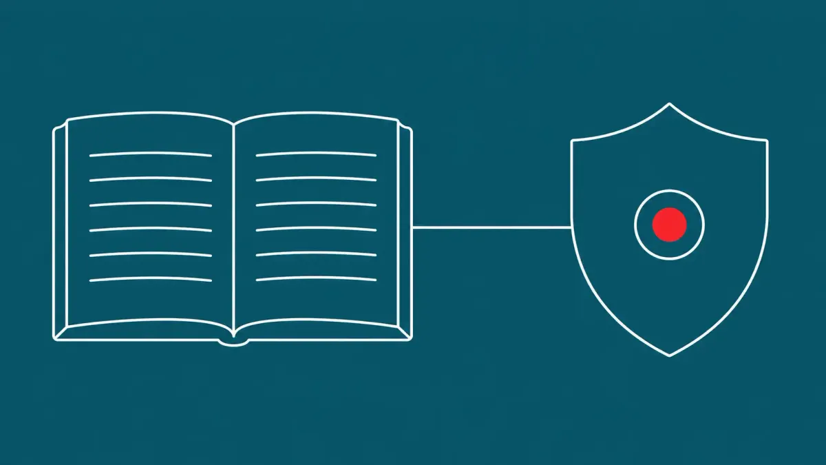 Flat white line-art of an open report book beside a shield, one flat red dot at the shield — CISA credential-leak forensic report.