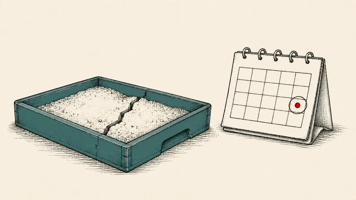 Editorial illustration of a sandbox tray cracked open beside a two-day calendar, marking CISA's urgent-patch order for exploited Fortinet FortiSandbox flaws.