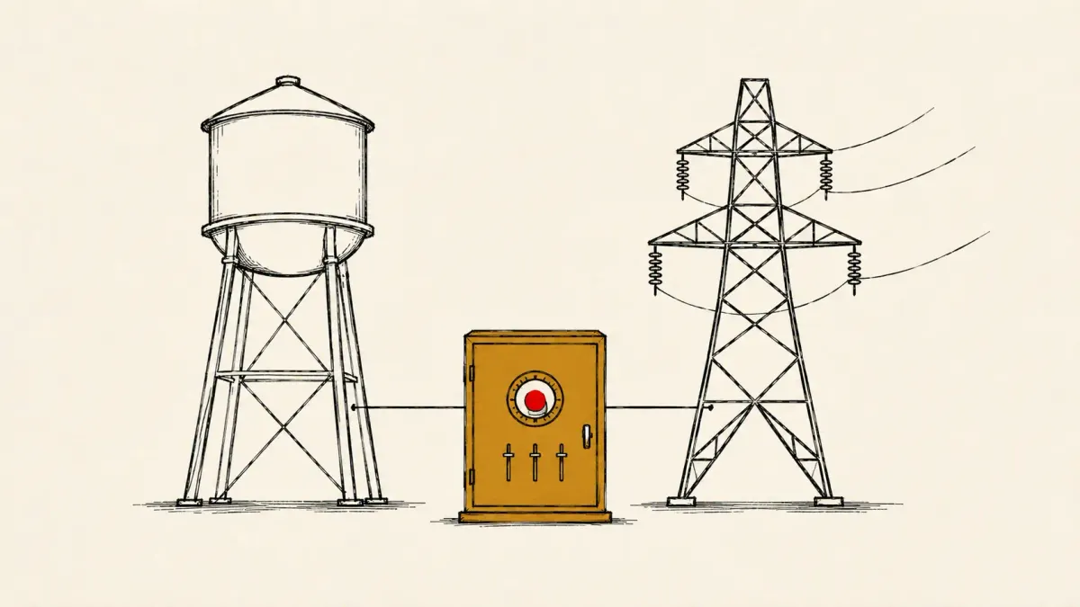 Flat white line-art of a water tower and an electricity pylon linked to an industrial controller box, on a deep amber background — CISA's advisory on Iran-linked targeting of ICS.