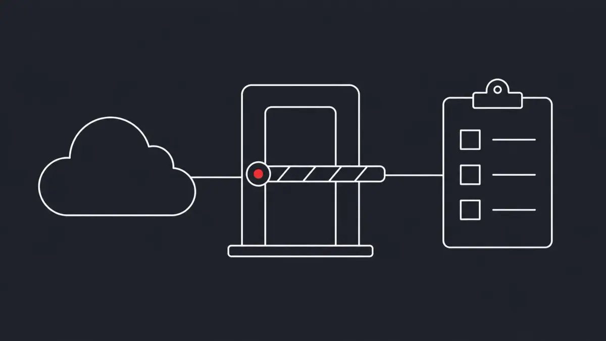 Flat white line-art of a network cloud, an access checkpoint gate, and a checklist clipboard, on a Charcoal background — CISA SASE zero-trust federal adoption guide.