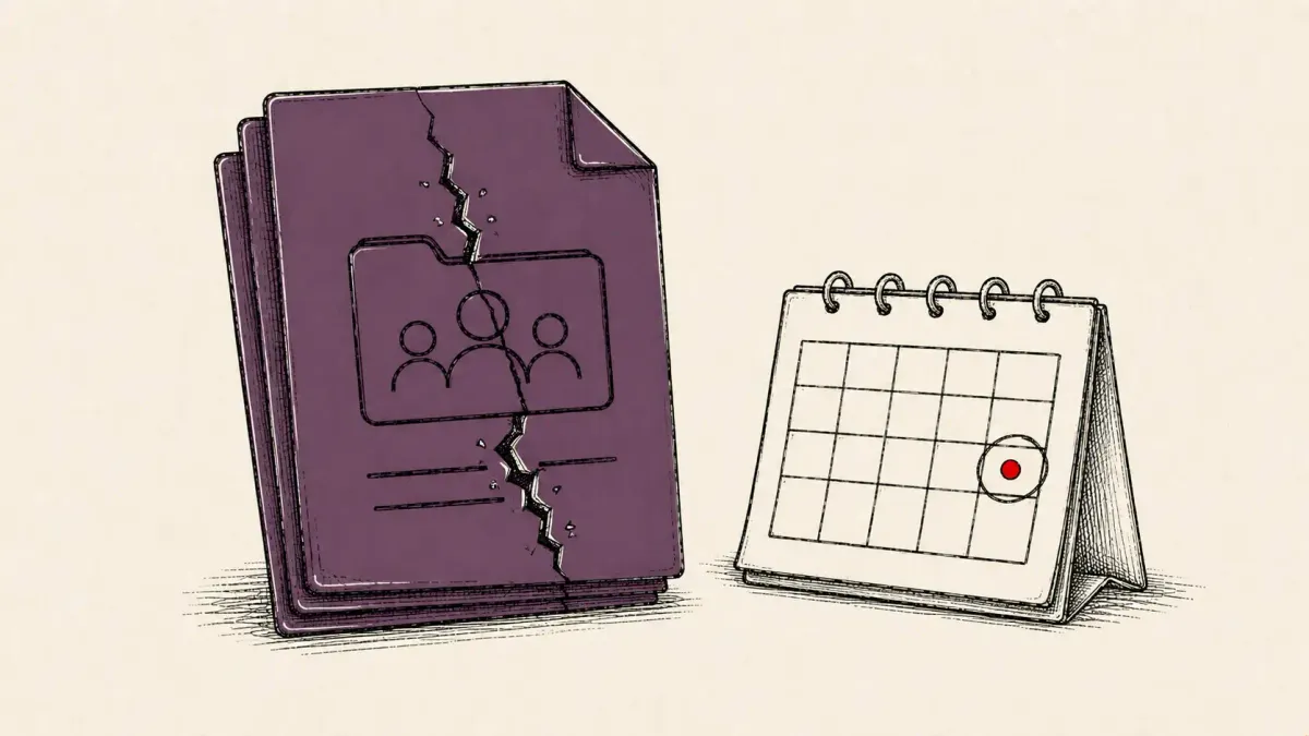 Editorial illustration of a shared-document portal beside a two-day calendar countdown, marking CISA's KEV listing of SharePoint zero-day CVE-2026-58644.