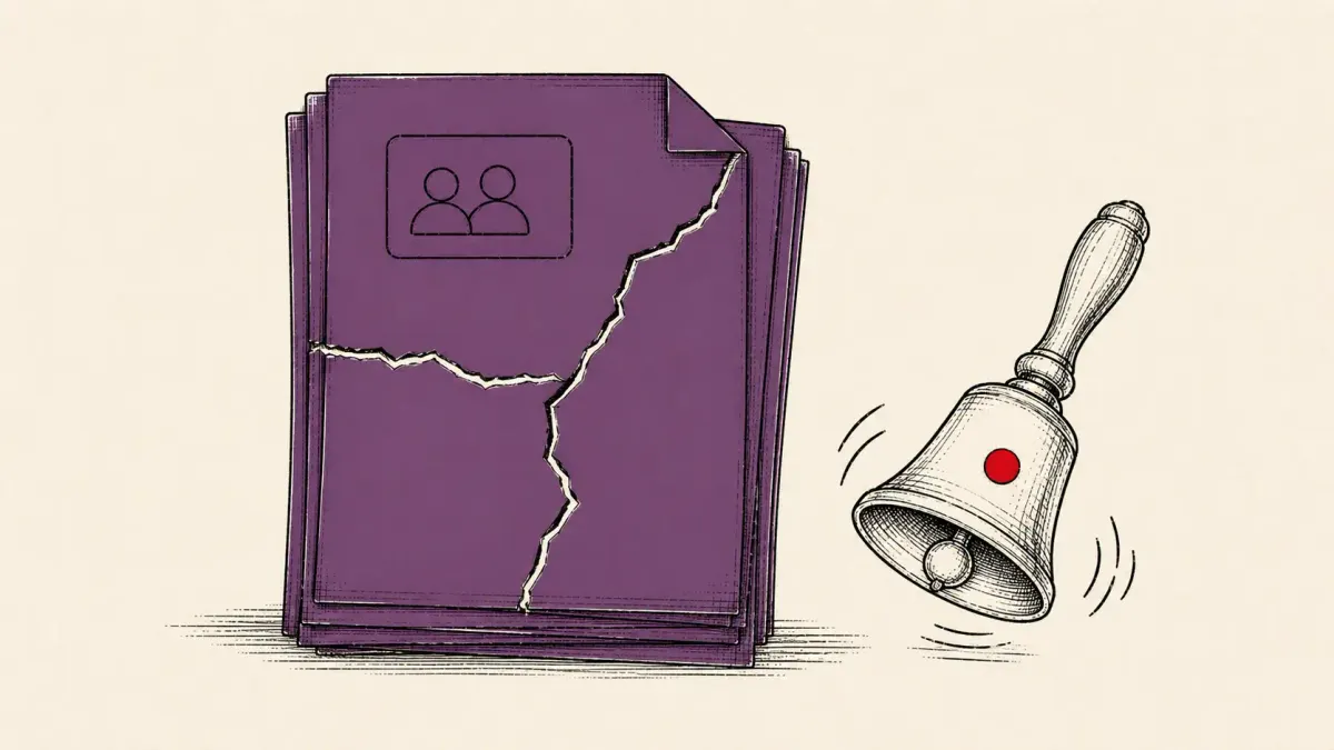 Editorial illustration of a shared-document portal showing three cracks beside an alarm bell, marking CISA's warning on three exploited SharePoint flaws, two zero-days.