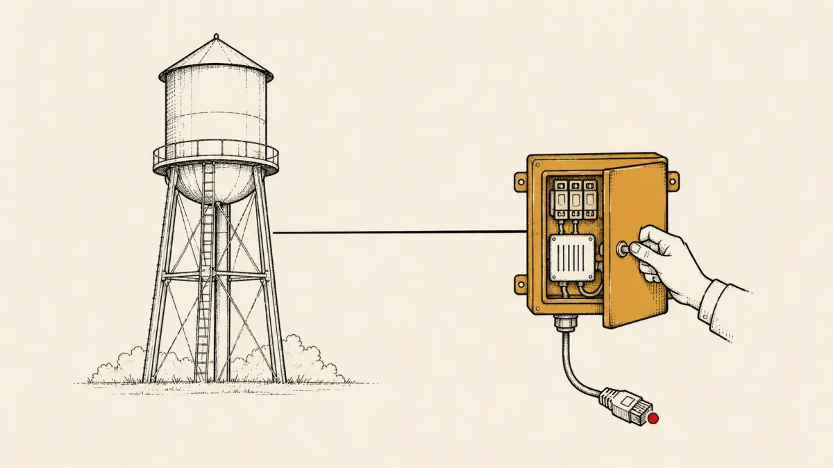 Line illustration of a water-plant controller being disconnected from a public network, marked by a single red status dot.
