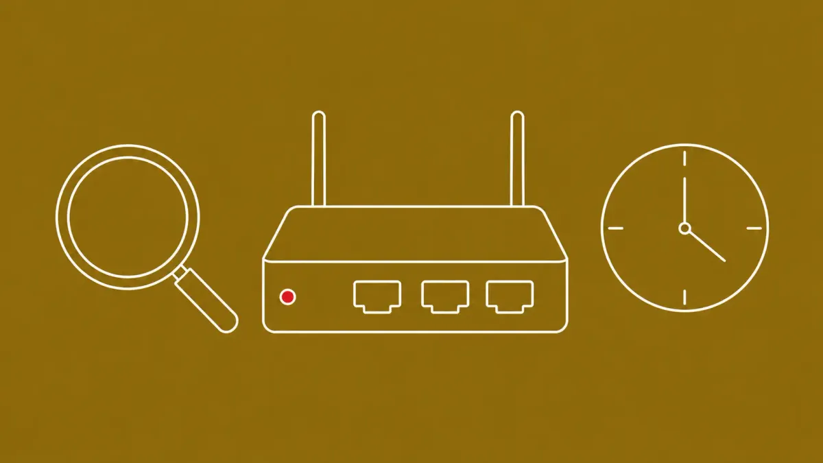 Flat white line-art of an SD-WAN router node beside a magnifier and a small clock — Cisco Catalyst SD-WAN CVE-2026-20245 continued exploitation.