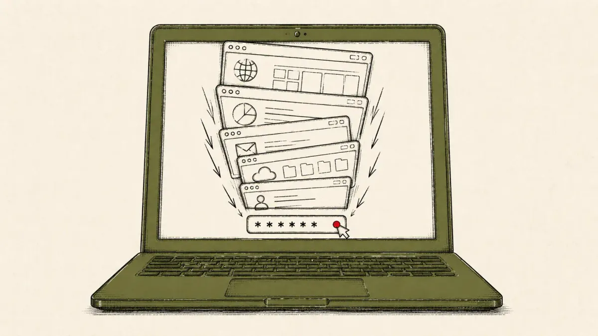 Editorial illustration of stacked app windows on a laptop collapsing toward a password box, marking the ClickLock macOS stealer that forces password entry.