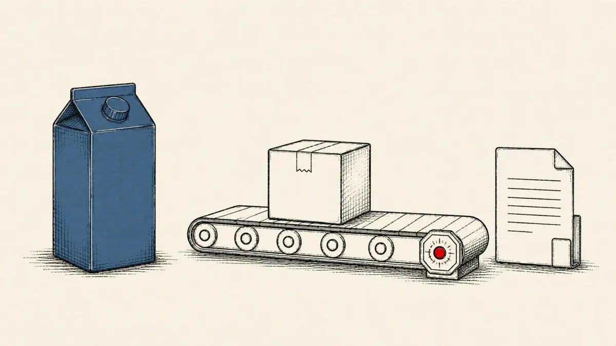 Editorial illustration of a milk carton beside a halted factory line and a filing form, marking Coca-Cola's ransomware-driven suspension of Fairlife US production.