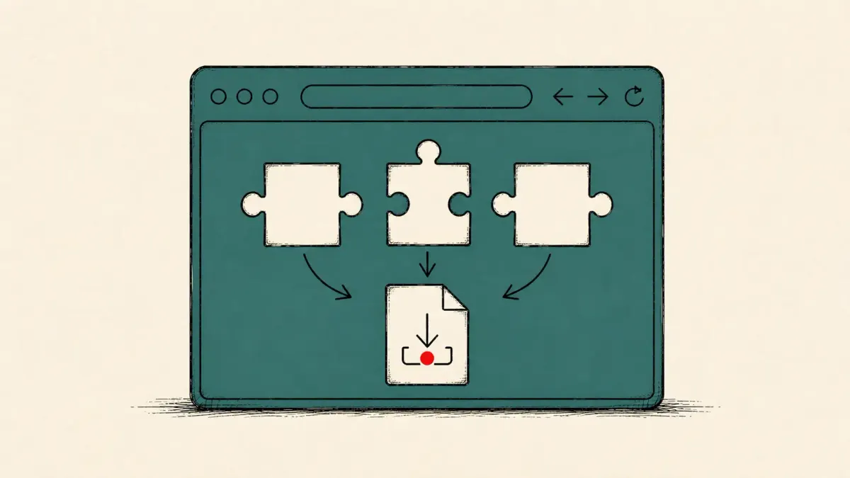 Flat white line-art of a browser window building a jigsaw file from separate pieces, on a teal background — the SourTrade browser-assembly malvertising research.
