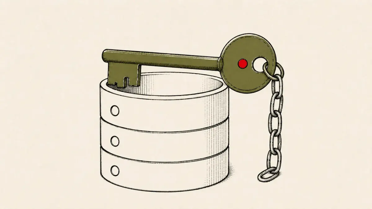 Flat white line-art of a single key unlocking a row of database cylinders on a deep blue background, with one flat red dot accent.