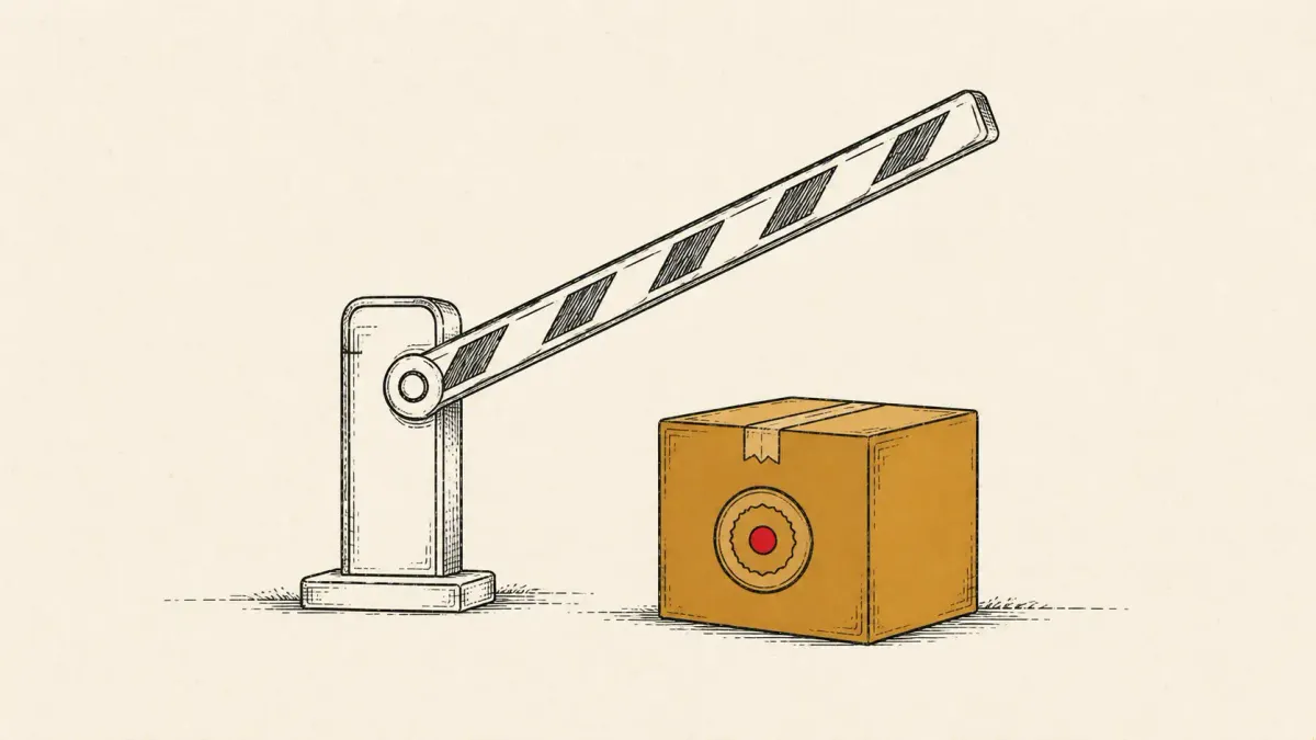 Editorial illustration of a sealed parcel passing a gate with an approval seal, representing CrashStealer macOS malware using a notarized dropper.