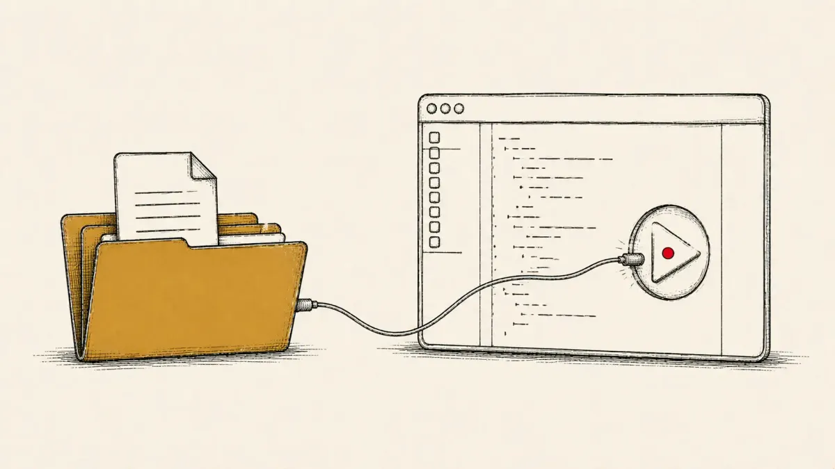 Editorial illustration of a code editor auto-pressing play wired to a git.exe file in a folder, marking the detailed Cursor auto-execute flaw on Windows.